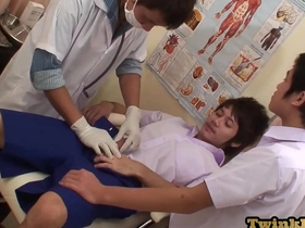 Young Asian boy gets a three woman bang in a medical office in uniform