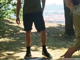 Gay men have rough sex at a camp site and end up in a facial spit roast threesome