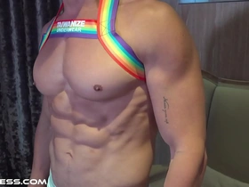 Beautiful Asian model showing off his chiseled upper body.