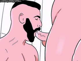 A straight man with a beard has oral sex with a male bottom and then the bottom performs a blow job on him in this animated gay porn.