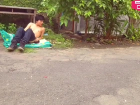 Public nudity with Hansel Thio in downtown garden for adult magazine photoshoot
