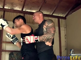 Asian boxers give deepthroat blowjobs before getting their asses pounded