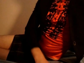 Crossdressing secretary's solo play in satin qipao