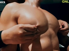 Muscular Asian man's nipples teased and licked